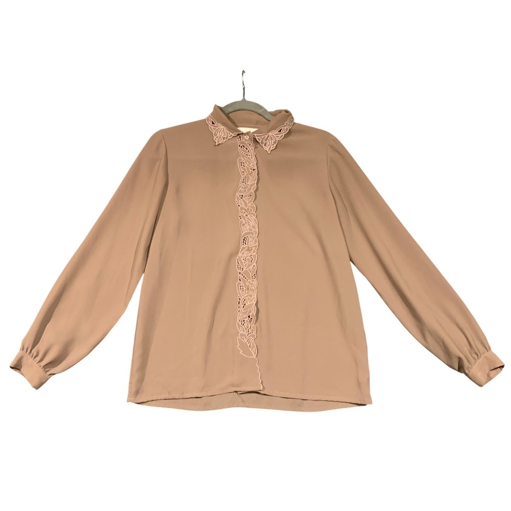 Susan‎ Hutton Vintage Lace Trim Butterfly Collar Taupe Brown LS Button Up Blouse